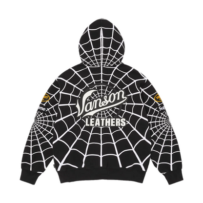 Supreme xOver 蜘蛛人 xOver Vanson Leathers - 三方聯名蜘蛛網 連帽拉鍊外套 (黑色)