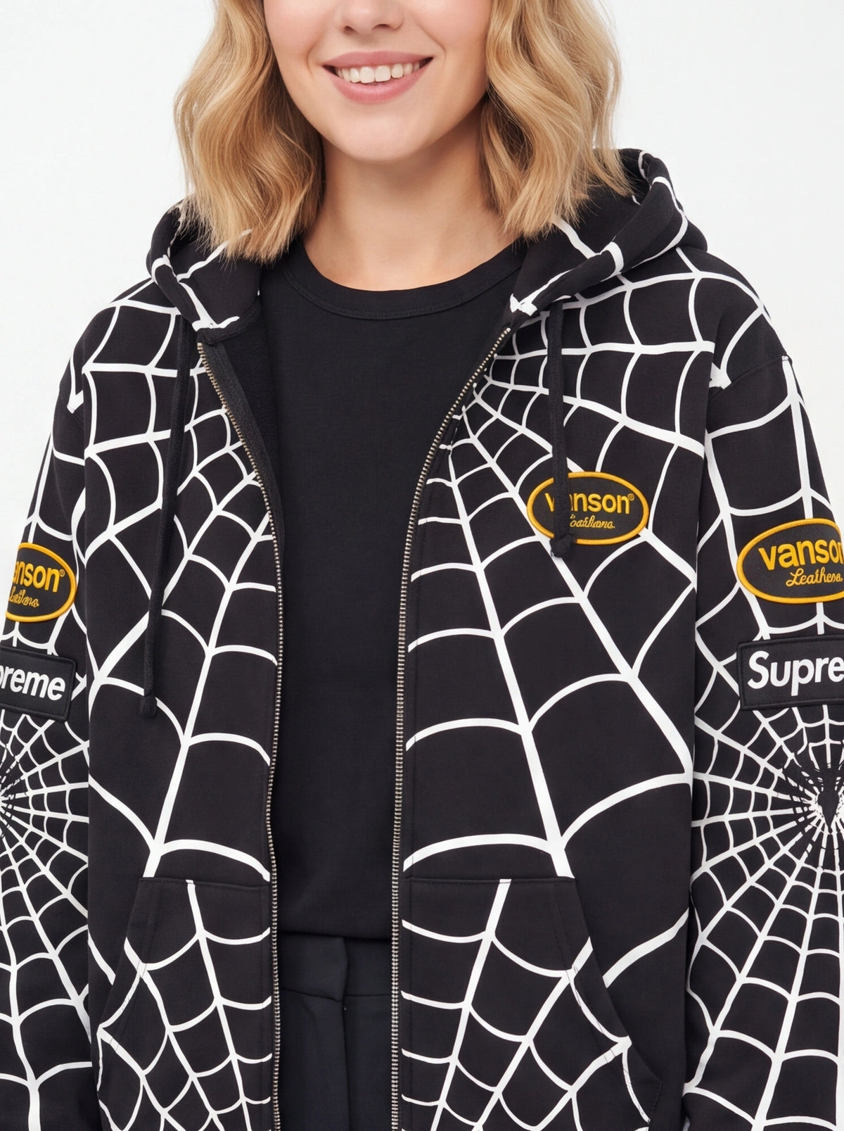 Supreme xOver 蜘蛛人 xOver Vanson Leathers - 三方聯名蜘蛛網 連帽拉鍊外套 (黑色)
