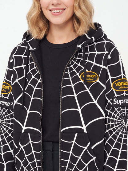 Supreme xOver 蜘蛛人 xOver Vanson Leathers - 三方聯名蜘蛛網 連帽拉鍊外套 (黑色)
